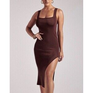 Meshki M Jenna Midi Dress Brown Tank Square Neck Slit Bodycon Bandage Chocolate